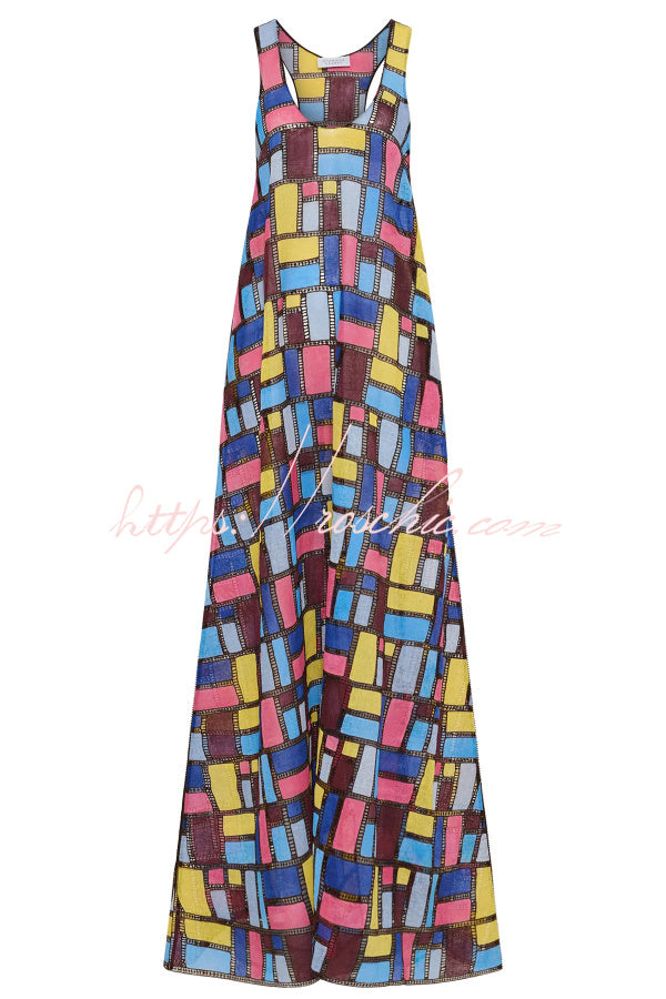 Stylish Color-blocked Plaid Print Sleeveless Round Neck Loose Maxi Dress