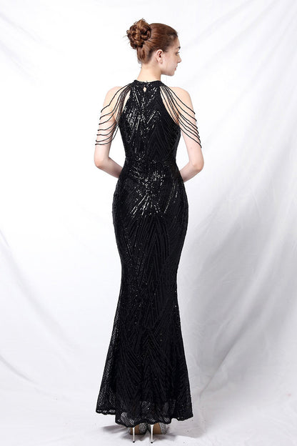 Vestido de fiesta maxi con lentejuelas, escote halter y corte de sirena