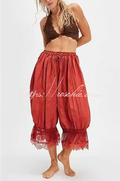 Pastoral Style Elastic Waist Lace Hem Bloomer Pants