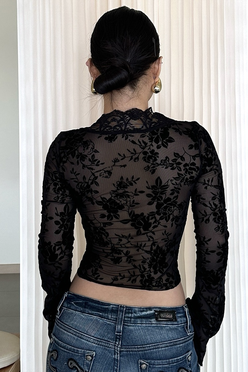 Printed Mesh Ruffled Sheer Chic  Crop Top