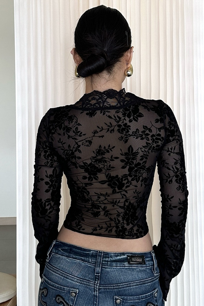 Printed Mesh Ruffled Sheer Chic  Crop Top
