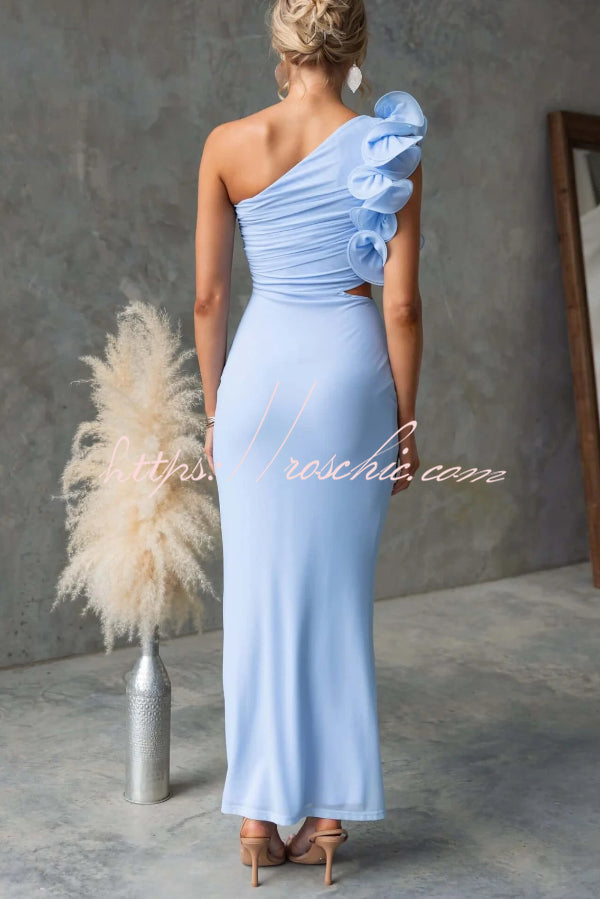 Fashionable Mesh Sleeveless One-shoulder Waist-revealing Maxi Dress