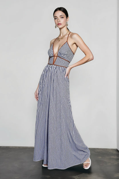 Deep V Striped Halter Vacation Dress