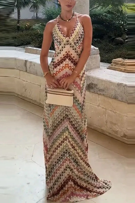 Vestido Boho con Cuello en V y Colores en Contraste
