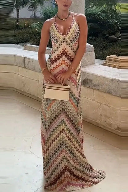 Vestido Boho con Cuello en V y Colores en Contraste