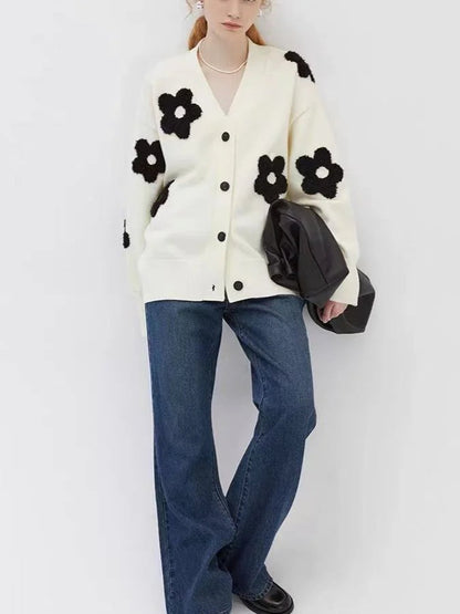 Jacquard Knit V-Neck Cardigan