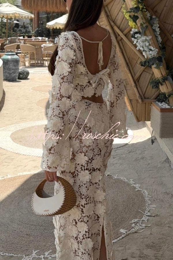 Stylish Long-sleeved Backless Lace Top and Elegant Openwork Maxi Fishtail Skirt Set