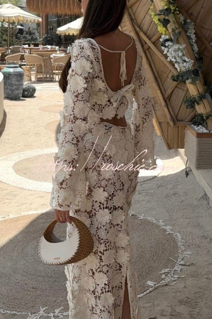 Stylish Long-sleeved Backless Lace Top and Elegant Openwork Maxi Fishtail Skirt Set