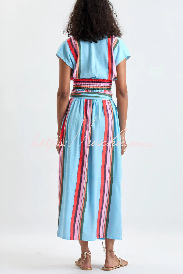 Stylish Striped Print V-neck Cropped Top and Elastic Waist Casual Maxi Skirt Set