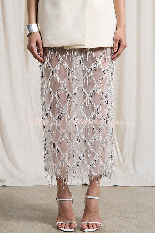 Fashionable Mesh See-through Sequined Tassel Midi Skirt