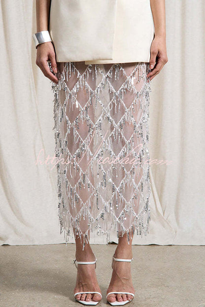 Fashionable Mesh See-through Sequined Tassel Midi Skirt