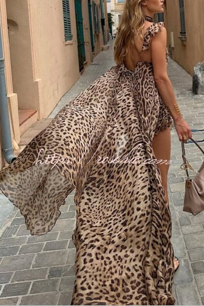 Immerse Vacation Leopard Tie-up Slit Midi Top and Elastic Waist Shorts Set (Shipped Within 24 Hours)