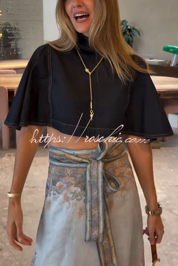 Next Vacation Denim Mock Neck Short Flutter Sleeves Crop Top