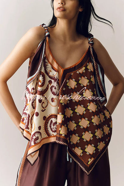 Wilson Satin Unique ColorBlock Print Scarf Top and Elastic Waist Pocket Wide Leg Pants Set