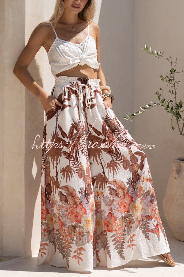 Leaf Print Casual Elastic Waist Pocket Loose Wide-leg Pants