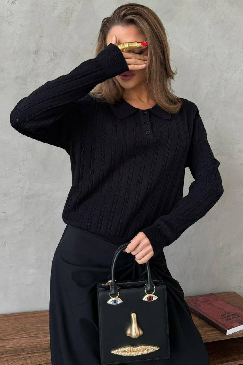 Blusa holgada de manga larga con cuello polo jacquard