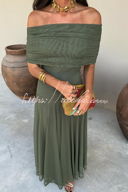 In My Arms Mesh Ruched Strapless Paneled Drape Flare Maxi Dress