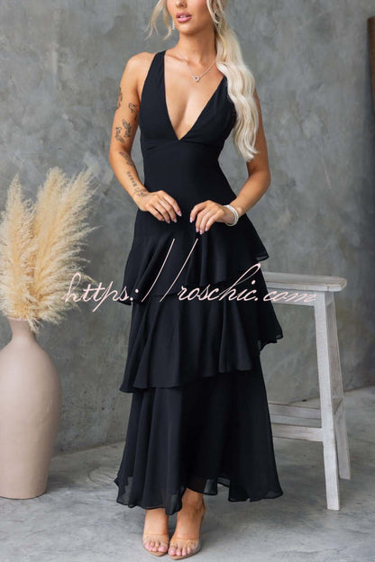 Solid Color V-neck Sleeveless Elegant Layered Maxi Dress