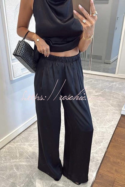 Classic on You Satin High Cowl Neck Top and Elastic Waist Pocket Loose Pants Set