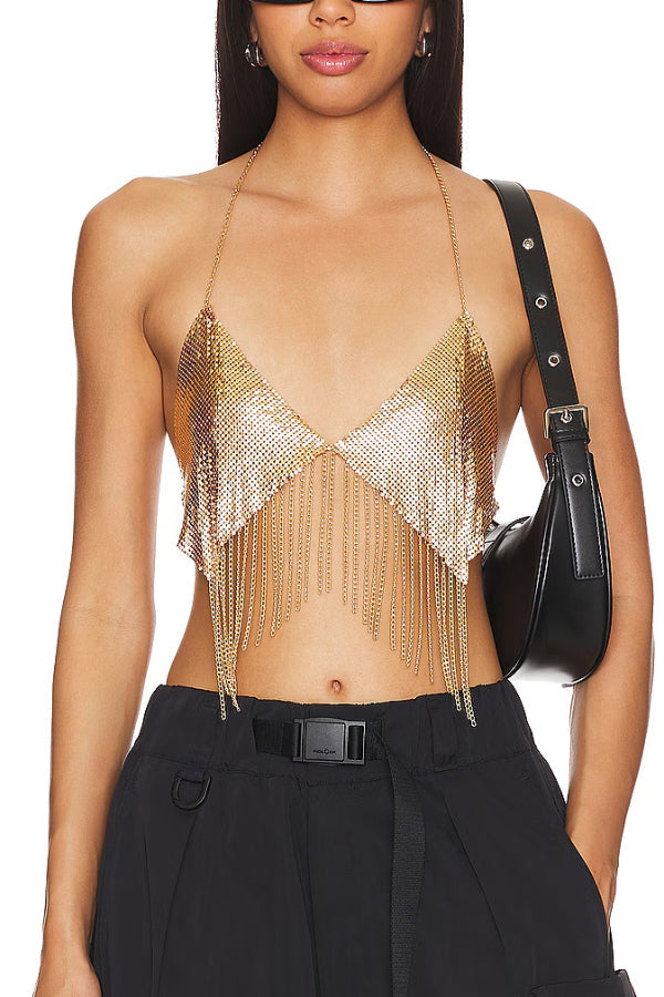Stylish Gold Metal Chain Tassel Halter Tank Tops