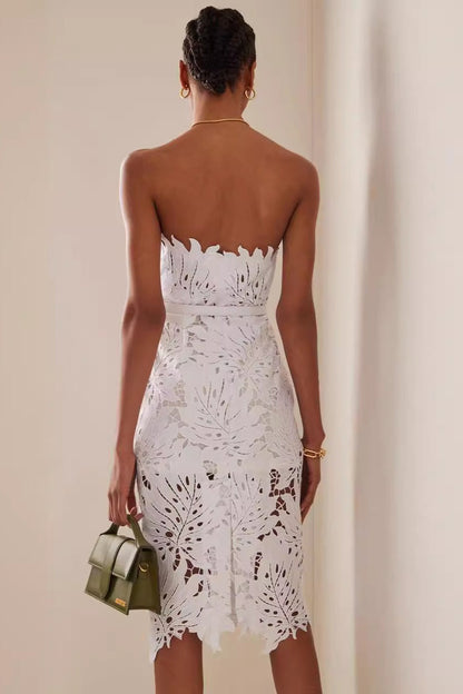 Vestido de Fiesta con Blonda de Hoja de Arce y Cintura Elástica sin Tirantes
