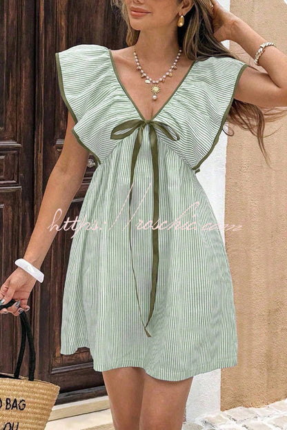 Striped Print Loose V-neck Tie Bow Casual Mini Dress