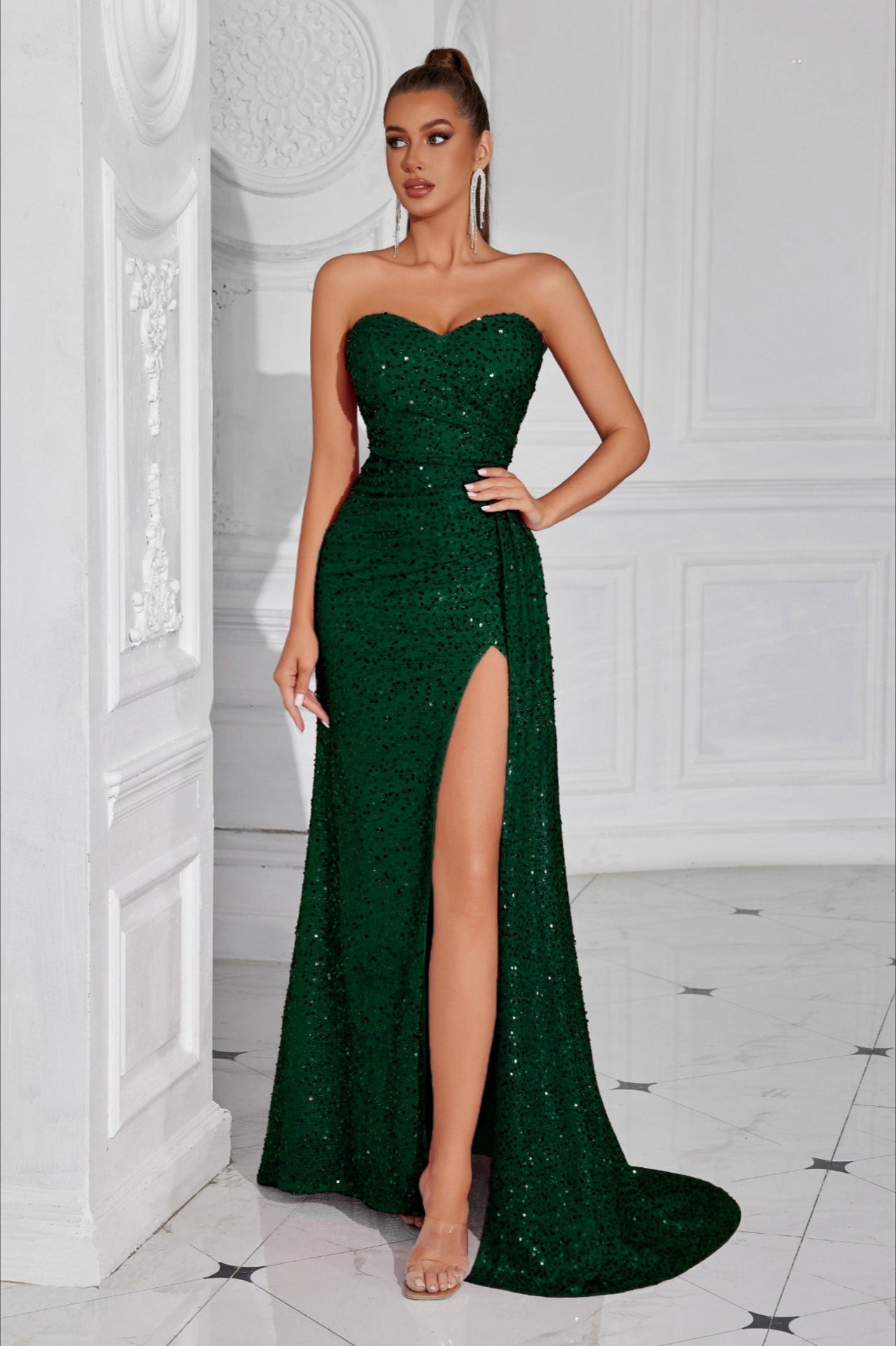 Vestido Largo de Fiesta Sin Tirantes con Abertura