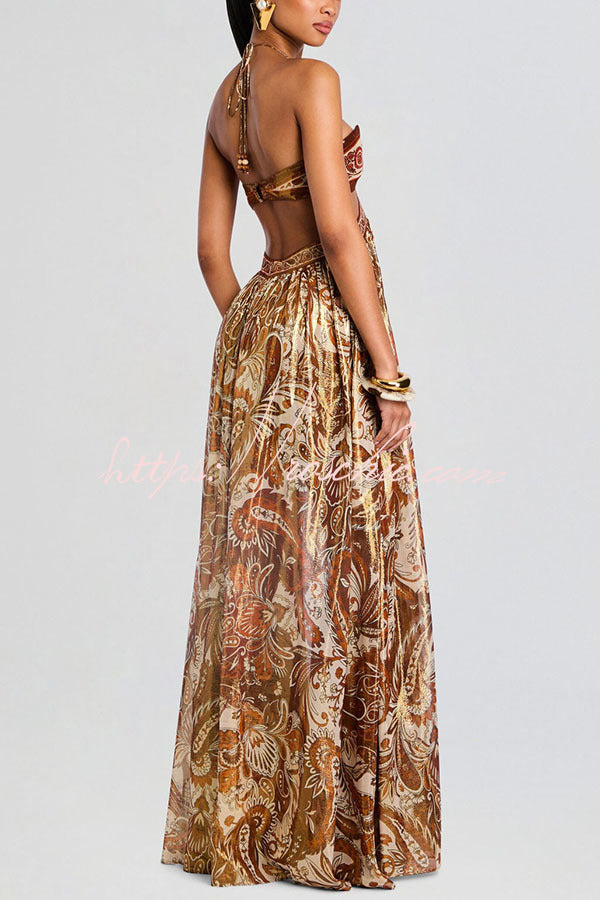Bohemian Flair Chiffon Golden Paisley Print Cutout Halter Maxi Dress