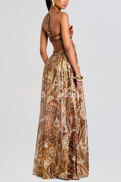 Bohemian Flair Chiffon Golden Paisley Print Cutout Halter Maxi Dress