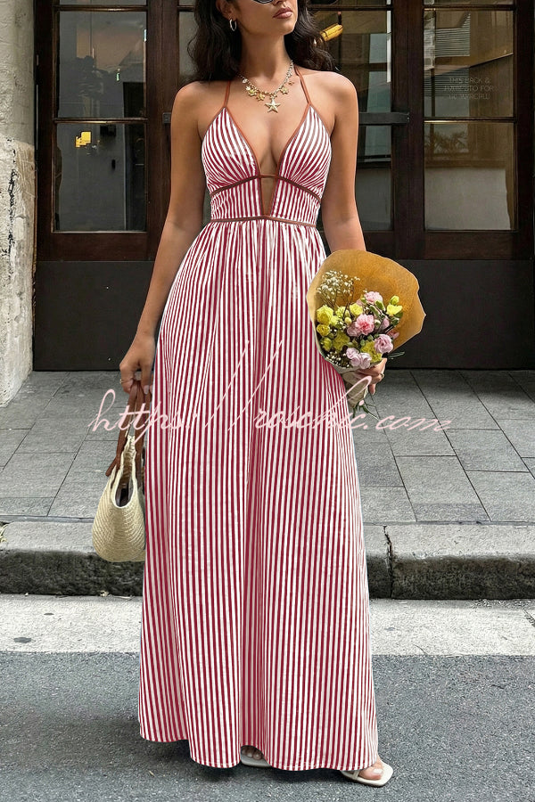 Striped Print V-Neck Sleeveless Backless Holiday Maxi Dress