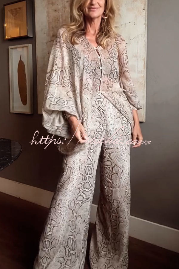 Iselle Animal Print Button Up Batwing Sleeve Shirt and Elastic Waist Wide Leg Pants Set