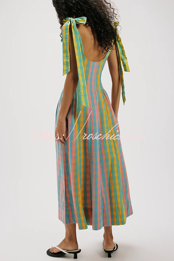 Sweet Colorful Plaid Scoop Neckline Adjustable Shoulder Ties Pocket Midi Dress