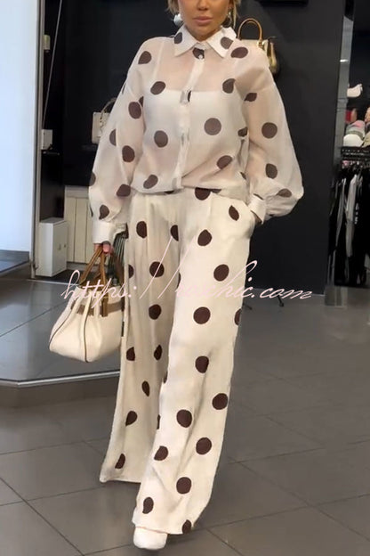 Grazia Polka Dot Sheer Long Balloon Sleeve Shirt and Elastic Waist Pocket Wide Leg Pants Set