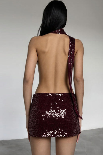 Backless Halter Neck Deep V Sequin Bodycon Mini Dress