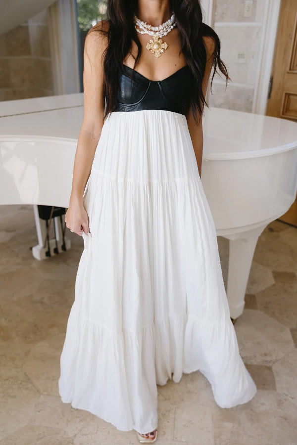 Stylish Leather Patchwork Suspender Casual Vacation Style Maxi Dresses