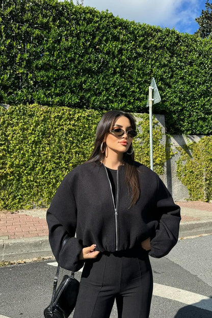 Faux Wool Short Zip Bomber Jacket