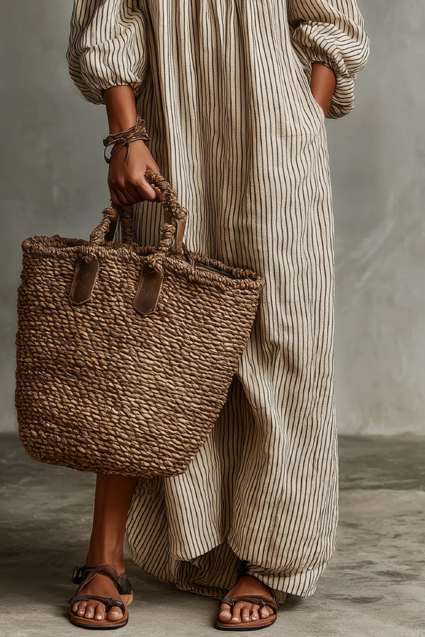 Linen Blend Striped Print Loose Off-shoulder Casual Maxi Dress