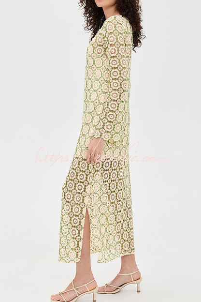 Summer Fashion Floral Crochet Cutout Fabric Long Sleeve Slit Vacation Midi Dress