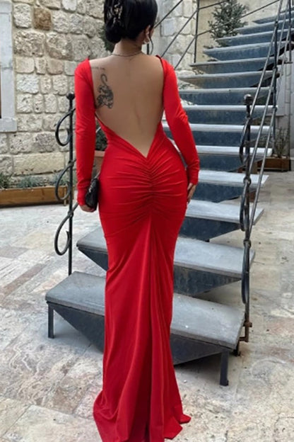 Vestido Formal Ajustado sin Espalda de Manga Larga