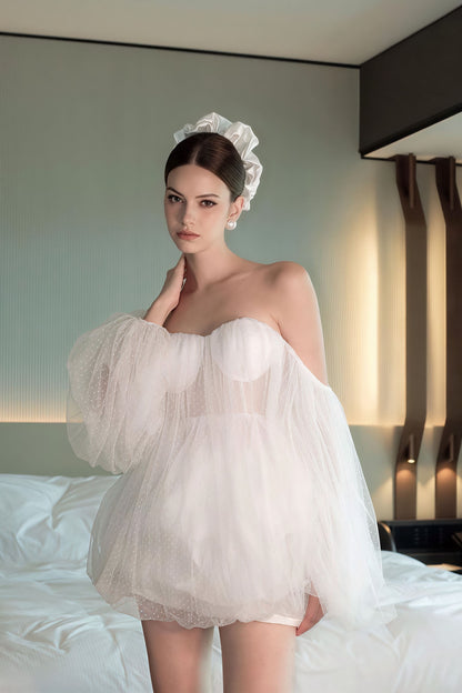 Minivestido Dulce y Atractivo sin Tirantes con Mangas Abullonadas