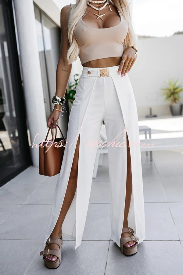 Mezcal High Rise Metal Buckle Elastic Waist Belt Slit Wide Leg Pants