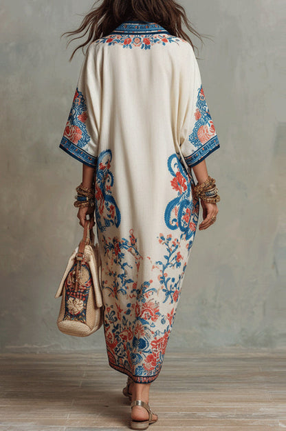 Unique Print Loose V-Neck Casual Slit Maxi Dress