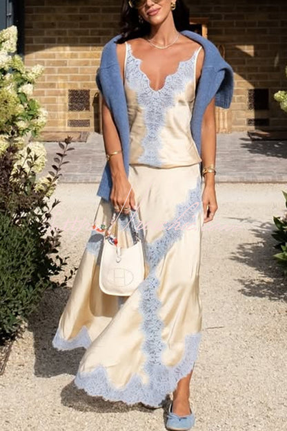 Wine Tasting Contrast Color Satin Lace Trim Irregular Hem Drape Midi Skirt (Shipped Within 24 Hours)