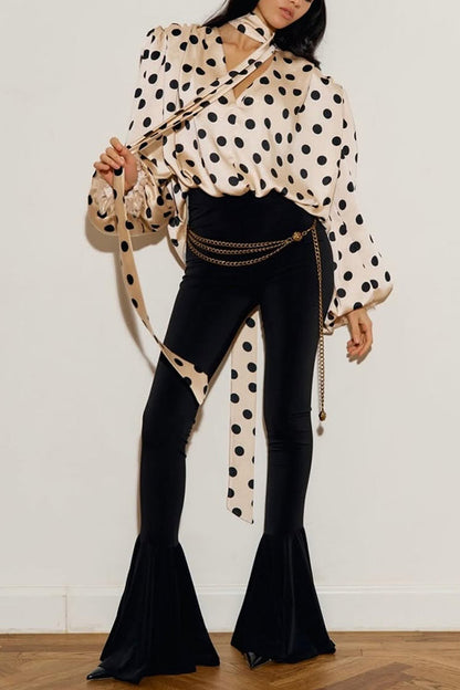 Chrissa Satin Polka Dot Print Lace Trim Tie-up Neck Balloon Sleeve Loose Blouse