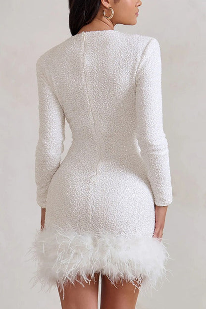 Solid Color Sequin Feather Long Sleeve Round Neck  Sequin Dress
