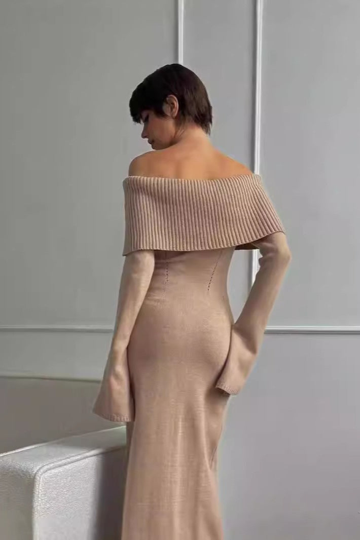 Collared Off-Shoulder  Knit Sweater Dress
