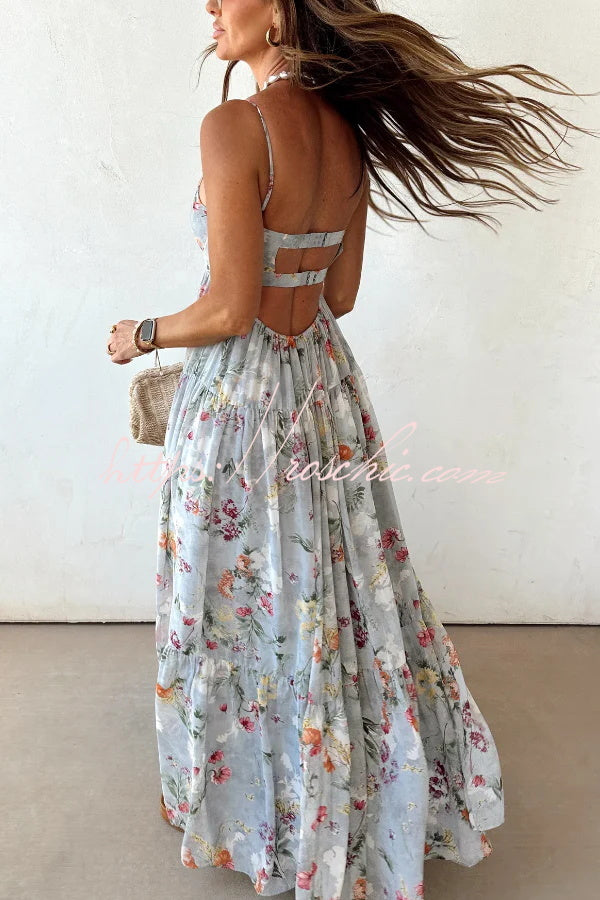 Bohemian Floral Print Chiffon Backless Wide Hem Loose Maxi Dress