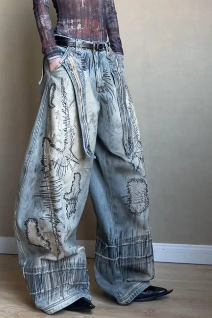 Pantalones vaqueros de pernera ancha con bordado de aguja