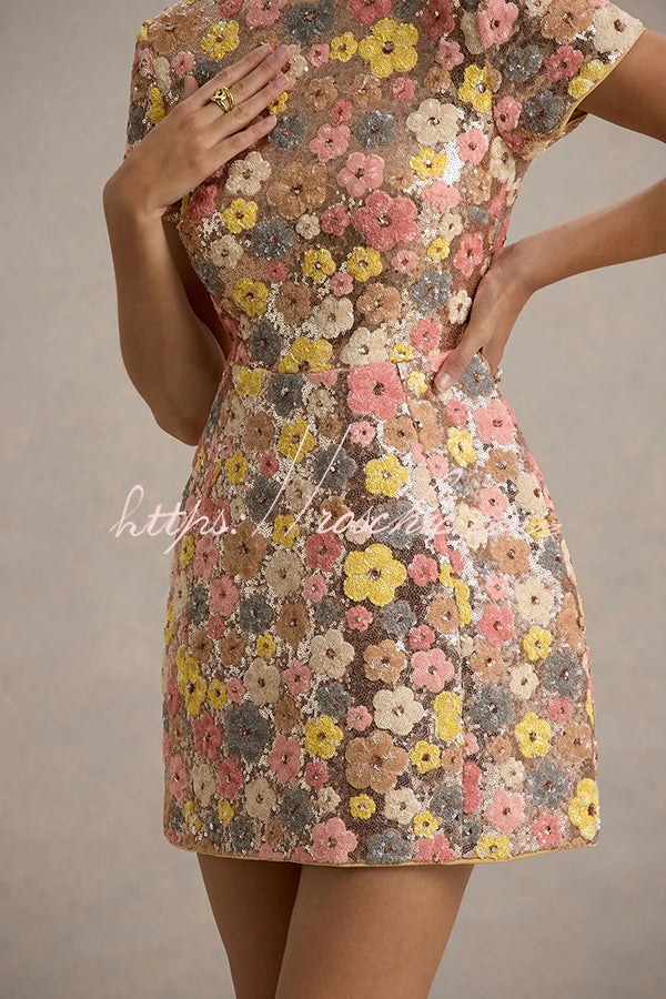 80's Inspired Floral Print Sequin Short Sleeve Stretch Mini Dress