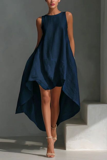 Linen Blend Solid Color Sleeveless Round Neck Irregular Casual Maxi Dress